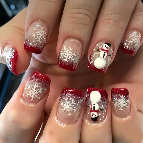 Christmas Press on Nails Short Square Fake Nails Red French Nails...