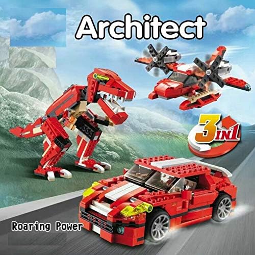 Image of Roaring Power 3-in-1 Dinosaur T. Rex Building Blocks Set | Creator Sports Car & Seaplane Toy | STEM Construction Kit for Kids 6+ | Build & Rebuild Dinosaur Figures |