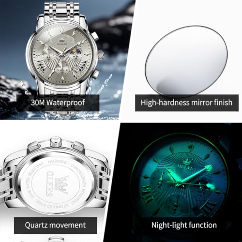 Image of OLEVS Watch for Men Classic Business Dress Analog Quartz Stainless Steel Waterproof Luminous Date Diamond Men Silver Watch