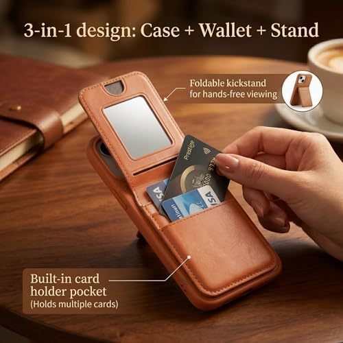 Image of amazon basics Premium Vegan Leather Back Cover with Card Holder and Integrated Mobile Stand for iPhone 15 Pro Max - Slim Shockproof Wallet Case with Geometric Stitching [Tan]
