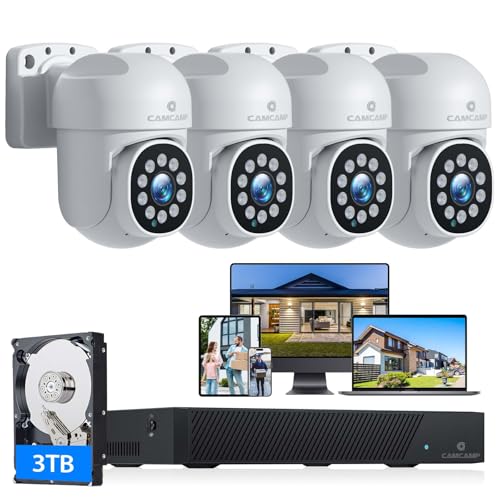 Camcamp PoE CCTV Camera System - 5MP 3K Outdoor Wired Auto Tracking Surveillance Security Cameras with 8CH 3TB HDD 4K NVR PTZ Color Night Vision, Two-Way Audio, 24/7 Record, 4 Cam
