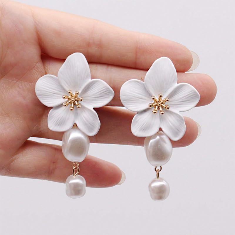Bohemian Large Matte Flower Pearl Stud Earrings for Women White Pearl Floral Petal Flower Dangle Drop Earrings Wedding Holiday Jewelry - Image 6