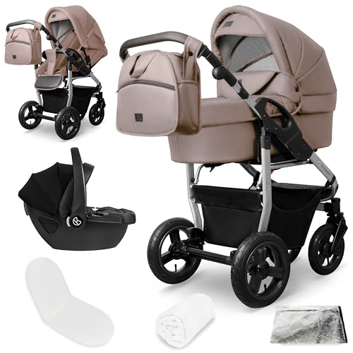 Bergsteiger Capri Kombikinderwagen 3-in-1 – Babywanne, Sportsitz & i-Size Babyschale, Luftreifen, Federung, höhenverstellbarer Griff, faltbar, Zubehör