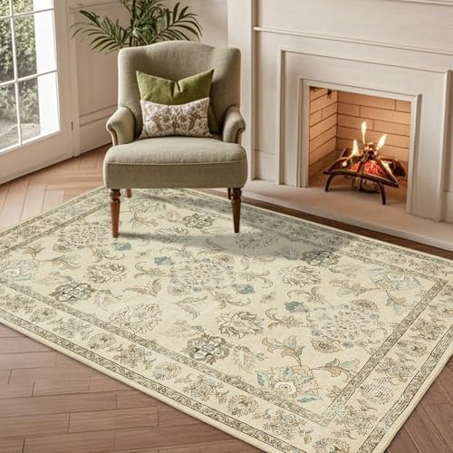 Washable Area Rug 5x7: Machine Washable Rugs Carpet for Living Room Bedroom - Non Slip Oriental Rug for Dining Room Table - Low Pile Vintage Soft Rug for Home Decor - Soft Ivory Jade