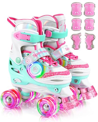 Patines de ruedas para niños, patines para niñas con 4 tamaños ajustables, patines para niños pequeños con 8 ruedas LED iluminadas en los lados, zapatos de patinaje iluminados con equipo de protección