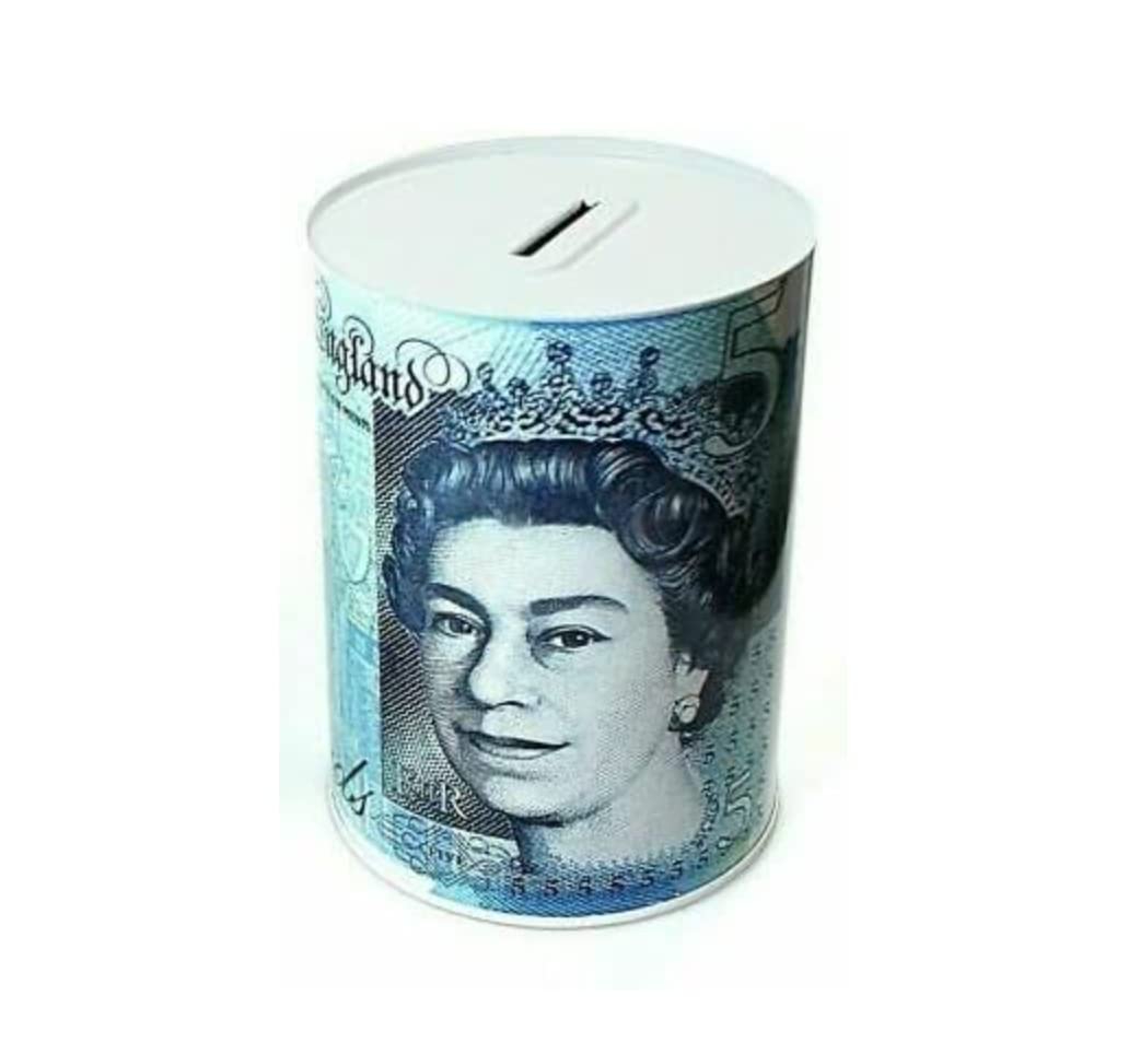 Azk Solutions £5 - Five Pounds Money Tin | Cash Box | For Saving Cash & Coins | Multi-Color Design With Pound Notes Printed | (, L)