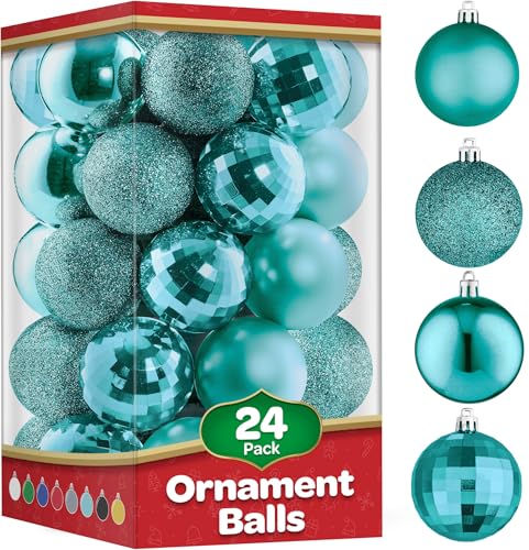 Christmas Ornaments Set of 24 - Beautiful [Teal] Christmas Tree Decorations Ornaments Set - 4 Styles Glitter/Matte/Mirror/Shiny - Shatterproof/Pre-Strung - for Holiday/Party/Decorations/DIY (1.5")