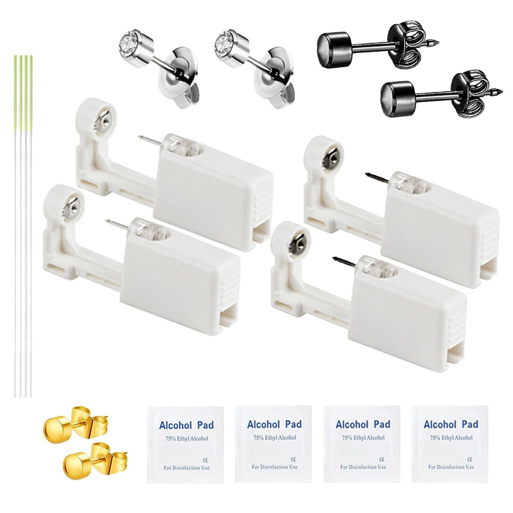 Self Ear Piercing Kits - 18pcs/Set Painless Disposable Sterile Gun with Hypoallergenic Studs,Safety Ear Piercing Gun Kit Tool (Silver203+Golden204)
