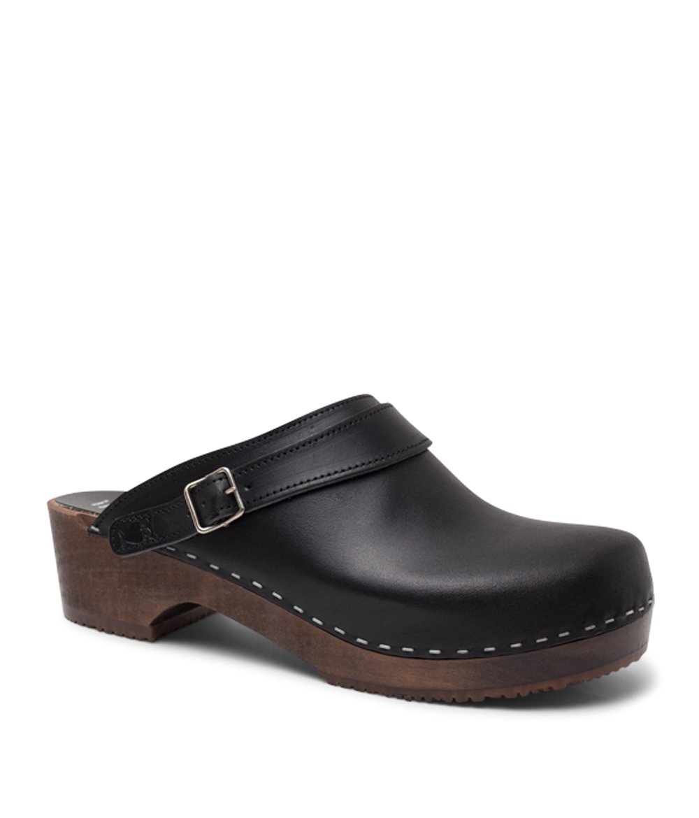 SandgrensSwedish Wooden Clogs for Men with Leather Upper, US 14-14.5 | Nybro Black Veg DK, EU 47