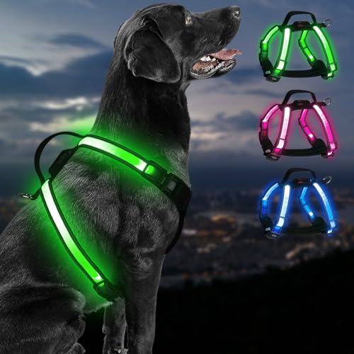 PZRLit Rechargeable LED Dog Harness – Multi-Color Light Up Glow Dark Vest with Reflective Strips, Waterproof Adjustable Soft Mesh Safety Harness for Small Medium Large Dogs Night Walking-Large