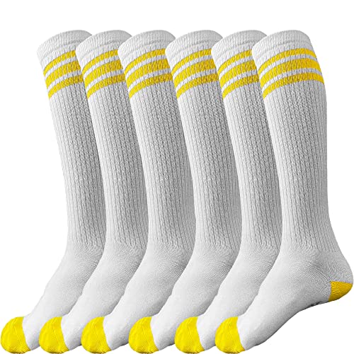 juDanzy 3 Pairs of Knee High Boys or Girls Stripe Team Tube Socks for Soccer, Basketball, baseball and Everyday Wear (2-4 Years, White with Yellow Stripes)