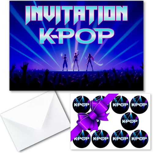 Kit de 10 cartes invitation en français pour anniversaire/fête sur le thème KPOP pour 10 invités (KIT=10 cartons d invitation + 10 enveloppes + 10 stickers). De 6 ans à 99 ans !