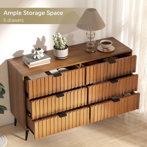 Image of Fluted Dresser for Bedroom with 6 Drawers, Walnut Modern Dresser with Metal Handle, 47'' Wide Natural Wood Dressers Organizer with Blister Drawers for Bedroom