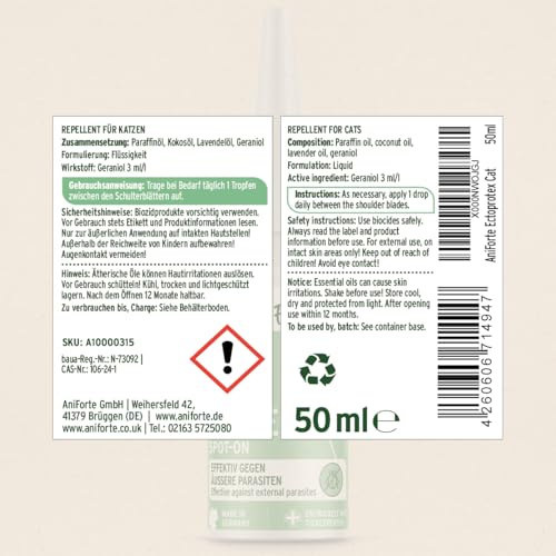 AniForte Ectoprotex cat Spot On für Katzen 50 ml - Zeckenschutz & Parasitenabwehr, langanhaltendes Repellent zur Abwehr von Zecken, Flöhen, Milben, Effektive Zeckenabwehr