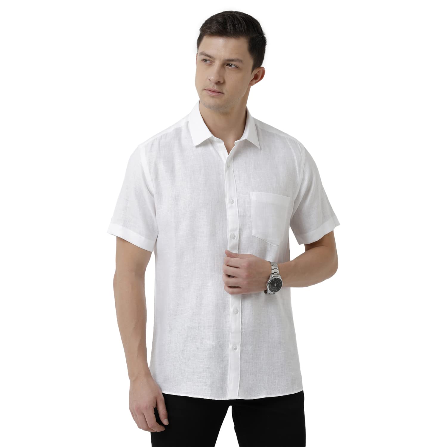 Linen ClubMen's Pure Linen White Solid Regular Fit Half Sleeve Casual Shirt