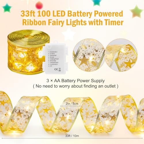 Minetom Christmas Tree Ribbon String Lights - 33ft 100 LED Battery Powered Fairy Lights with Timer and 8 Lighting Modes, Christmas Ribbon Bows Lights for 6ft - 8ft Christmas Tree New Year Decor, Gold - Image 3