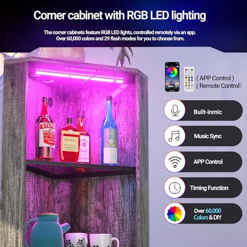 Hyomdeck Corner Bar Cabinet with LED Light and Power Outlet, Industrial Wine Cabinet with Glass Holder, 5-Tier Tall Corner Shelf Cabinet with Door for Living Room, Kitchen, Bar, Small Space, Grey Oak - Thumbnail 3