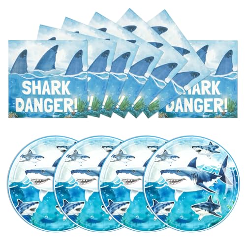 HiEnjoin 50PCS Shark Birthday Plates and Napkins - 7 Inch Disposable Shark Party Dessert Plates for Kids Under The Sea Birthday Party Decorations Serve for 25