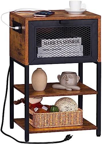LEBOAHOUS Nightstand with Charging Station and USB Port, 3 Tier Industrial Night Stand, Bedside Table with Flip Storage Drawer and Open Shelf, End Side Table for Bedroom, Office, Dorm 26.2''H (Brown)