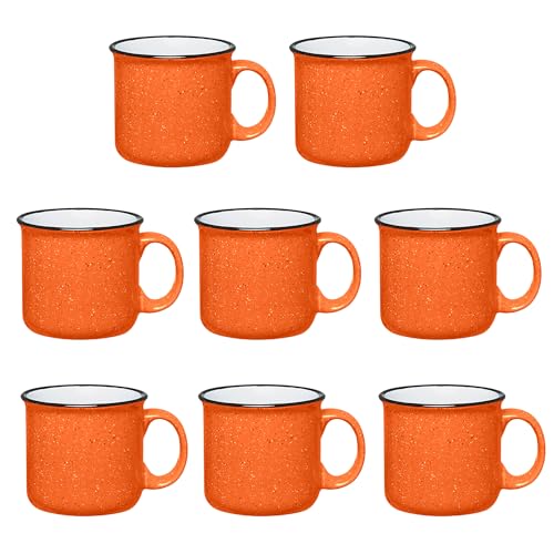 Gifts by Design Set of 8 Ceramic Campfire Mugs 15 Oz, Orange Coffee & Tea Cups for Home, Work, Travel, Camping Customizable, Great for DIY, Events, Companies