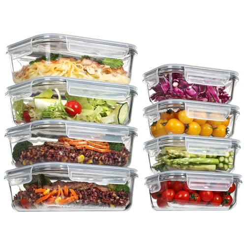 Vtopmart Set de 8 Unidades Recipientes de Cristal para Alimentos, Recipientes de Vidrio Hermeticos con Tapa, Reutilizables, Apilables, Apto Lavavajillas y Microondas (8 paquetes（12.5OZ+35.1OZ）)