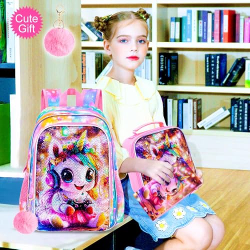 Image of 3Pcs Unicorn Backpack for Girls, 16 inch Kids Sequin Bookbag with Lunch Box, Cute Water Resistant Schoolbag for Preschool Kindergarten Toddler(Pink)