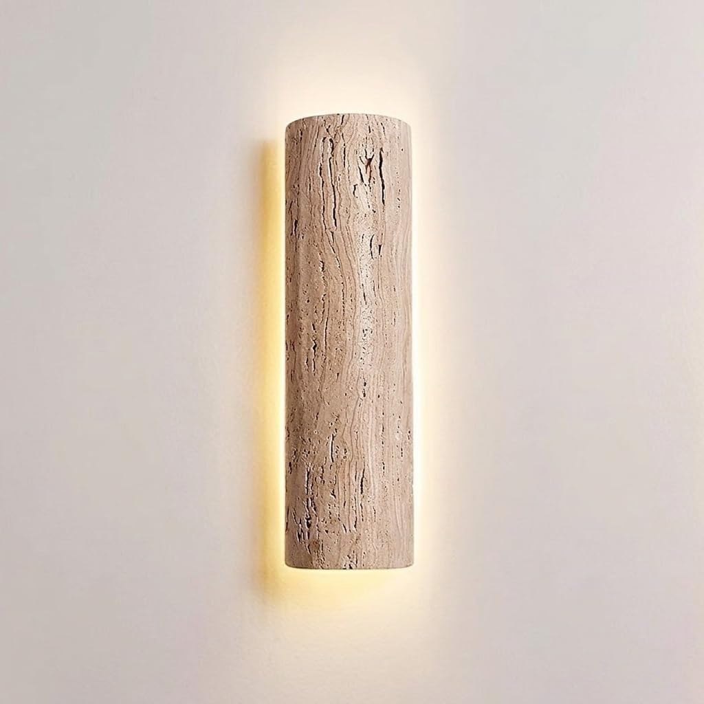COSRUB Linear LED Travertine Wall Sconces, Minimalist Backlit Halo Wall Lamps Long Strip Half Cylinder Stone Wall Lights for Stairs Hallway Entryway Aisle(35cm/13.77in)