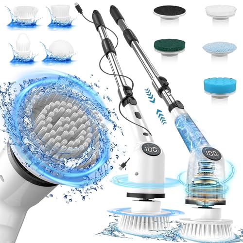 Limpiador Giratorio eléctrico con Mango Largo, Limpiador de baño inalámbrico, 9 Cabezales de Repuesto, 3 velocidades Ajustables, Cepillo de Limpieza de Ducha con Mango Ajustable y Desmontable para