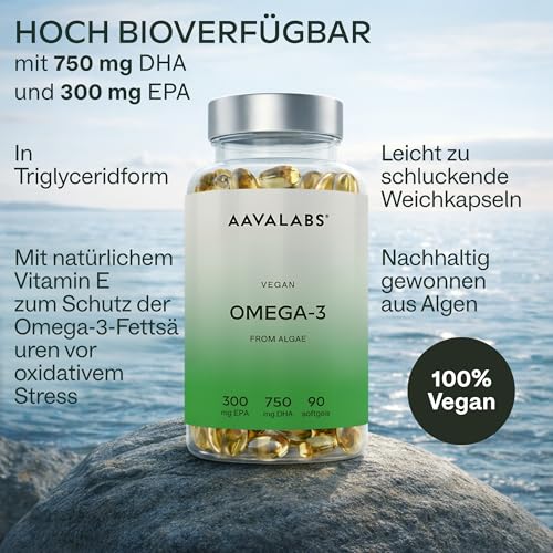 Foto von Omega 3 Vegan Hochdosiert 1500mg | Omega3 750mg DHA 300mg EPA pro Tag - 90 Omega 3 Algenöl Kapseln Hochdosiert Vegan