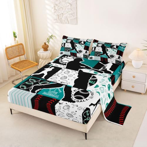 Image of Castle Fairy Baseball Player Fitted Sheet Set Full Size 4 Pcs,Patchwork Baseball Teens Sheets,Sports Geometric Grid Green Bedding Sets (1 Fitted,1 Flat,2 Pillowcases)