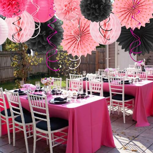 Image of Hot-Pink Black Girls-Women Birthday Party-Decorations - 21pcs Baby Happy Banner, Paper Streamers Lanterns,Tissue Pom Poms Fan,Backdrop Decor Huglony