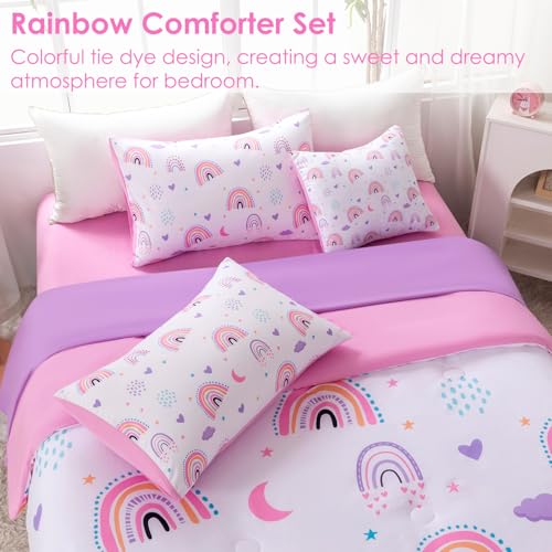 Image of 6 Pcs Girls Queen Bedding Comforter Set, Pink Purple Rainbow Bed in A Bag with Sheets, Moon Herat Print Teen Girl Bed Sets for Bedroom (Rainbow, Queen)