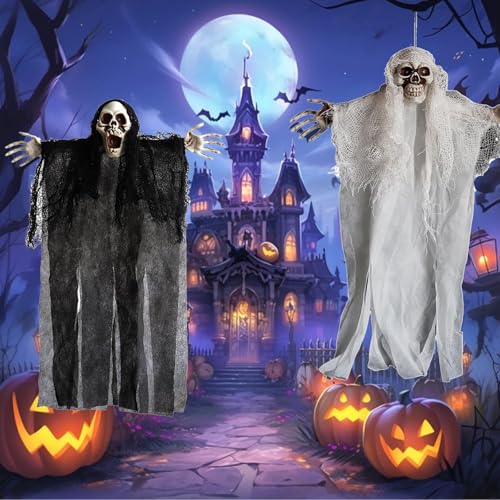 LuyoNova Esqueleto de Halloween decorações, 2 peças 40 cm esqueleto fantasmas pendentes braços ajustáveis decoração de Halloween, para festa de decoração acessórios porta janela jardim