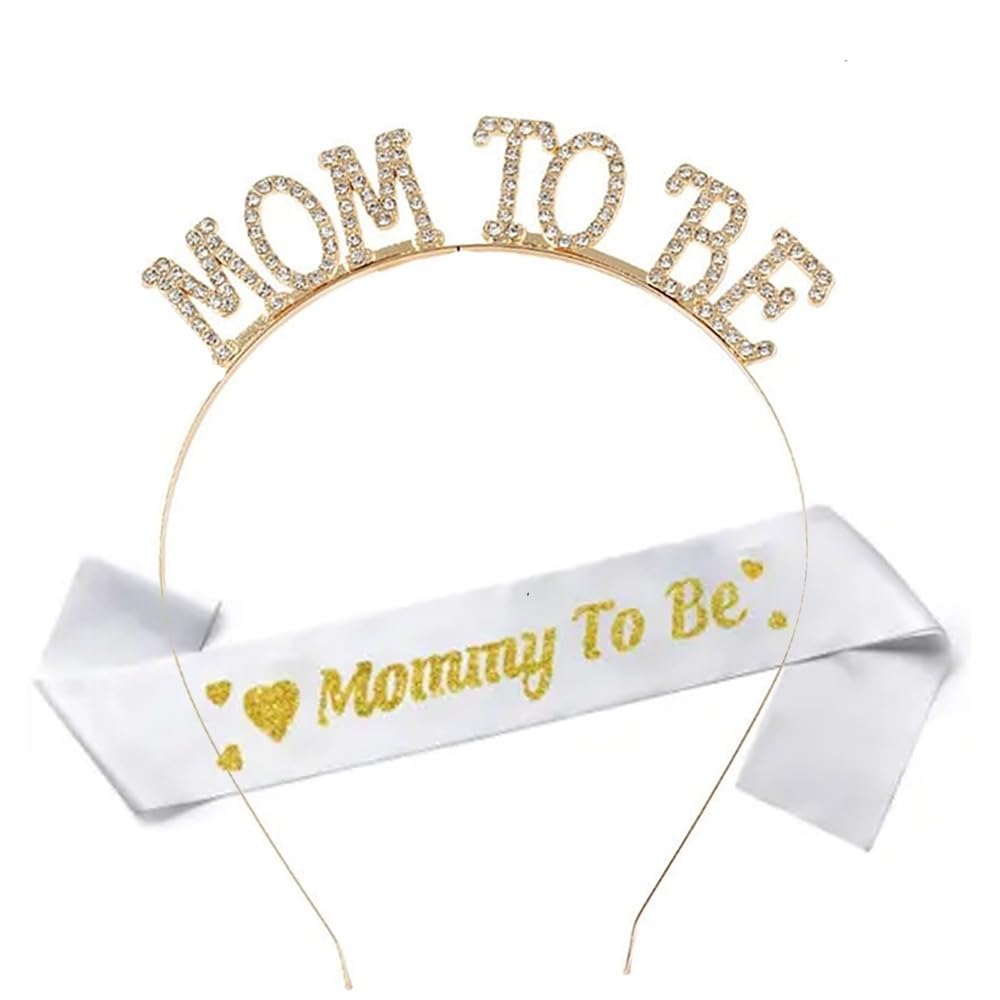 Mommy To Be White & Gold Glitter Sash And Rhinestone Head Band 2Pcs For Maternity, Photoshoot Material Items Supplies, Mom To Be Tiara.-image-10