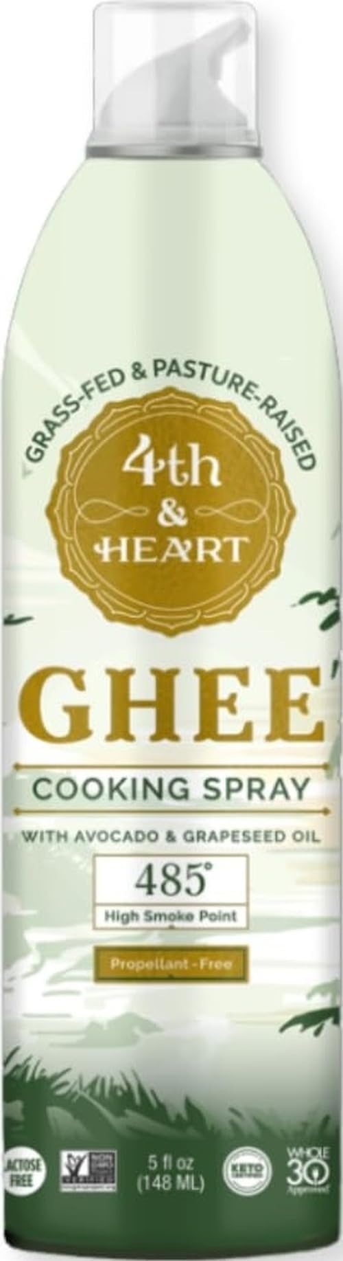 4th & Heart Non-Stick Ghee Cooking Spray, 485°F High Smoke Point, 5 oz. | 100% Butterfat, Grass-Fed, Pasture-Raised, Seed Oil Alternative, Lactose Free, Keto, Paleo & Whole30 Friendly, Shelf Stable.