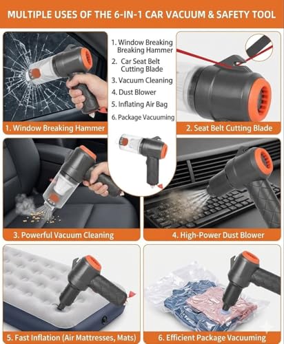 Image of Andrew James 6 in 1 Car Vacuum Cleaner Cordless | Wireless Powerful EVERSYS Handheld Vacuum Cleaner with Blower, Inflator, Vacuum Sealer & Safety Hammer | Portable Car Cleaning Vacuum Cleaner