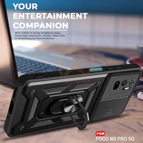 Image of Armor Bumper Back Cover Case for Poco M3 Pro 5G / Redmi Note 10T 5G Rotating Camera Cover, Ring Holder & Kickstand | Heavy Duty & 360 Degree Protection Back Cover (Black)