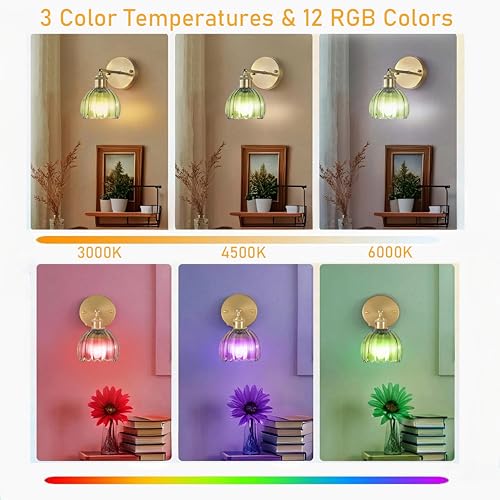 Image of Battery Operated Wall Sconce with Green Tulip Glass Shade, Rechargeable Wireless Wall Light Fixture with Remote for Bedside,Bathroom, Bedroom