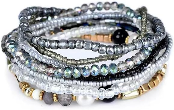 10PCS Bohemian Stackable Bead Bracelets Handmade Colorful Crystal Pearl Stretch Beads Bracelets Multi Layer Versatile Statement Bracelet Jewelry for Women