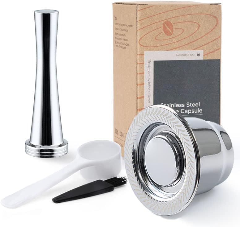 Stainless Steel Reusable Coffee Capsules Permanent Coffee Pod Holder Compatible for N-espresso Original-Line Machines (Silver capsules tamper)
