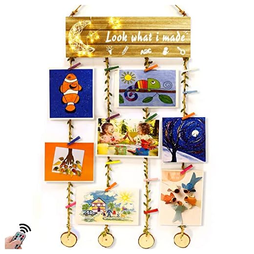 Hanging Artwork Display for Kids Art Frame, Look What I Made Sign with 20 Clips, Kids Drawings, Crafts, Picture Board for Wall Decor, Children Teen Girls Boys Room Decor Gifts with Remote Fairy Lights