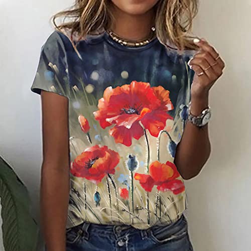 Camisa de manga curta feminina outono verão algodão gola canoa gráfico floral brunch blusa camiseta