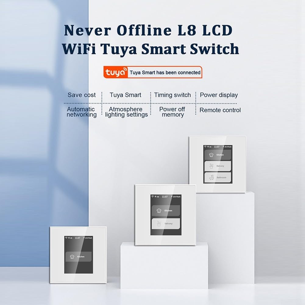 für tuya WLAN Smart Schalter mit LCD-Touchdisplay, 1/2/3-fach oder Vorhangsteuerung, Energieverbrauchsmessung, Mesh-Netzwerk, 220V, Glasplatte, Weiß(White)