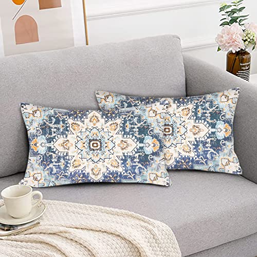 Snycler Ethnic Pattern Blue Boho Pillow Cover 12X20 Inch Southwest Farmhouse Pillow Cover Home Decor Cotton Rectangle Linen Throw Pillow Case Cushion Cover For Sofa Couch #TOP3