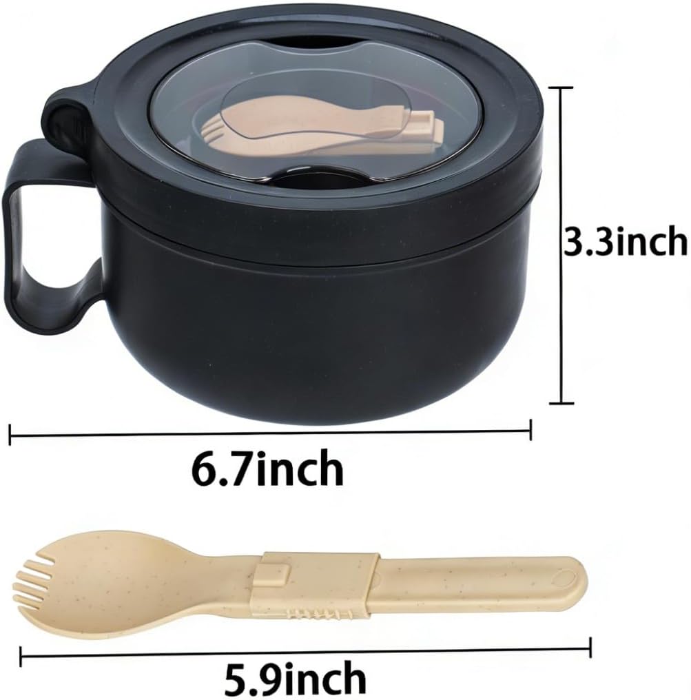 2 Pack Soup Bowl with Handles, Microwave Ramen Bowl with Lid for Soup and Instant Noodles,Oatmeal, Gumbo, Salad,BPA Free(Black Black) image 4