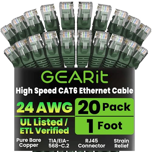 GearIT Cat 6 Ethernet Cable (20-Pack 1 Foot) Cat6 Network Patch, 10Gbps, RJ45, Snagless Cord, Gold-Plated Connectors, Internet for PC, TV, Tablet, Router, Printer, Servers, IT Data Center - Green