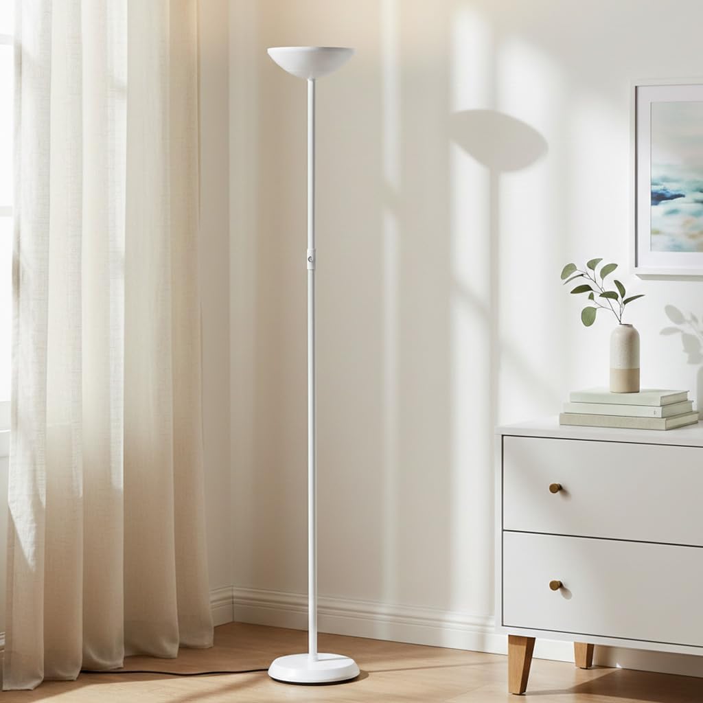 Brightech SkyLite LED Floor lamp, Torchiere Super Bright Floor Lamp for Living Rooms & Offices - 3 Way Dimmable Tall Torch Lamp, High Lumen Standing Pole Lamp for Bedroom Reading - White