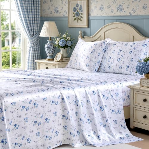 Image of MR&HM Satin Sheets Queen Size, 4 Piece Silky Floral Patterned Sheets with Elastic Corner Straps, 15 inch Deep Pocket, Soft Silk-Like Bed Sheets (Wildflower Blue)