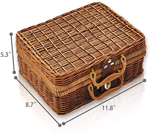 QTKJ Wicker Picnic Basket, Straw Storage Box with Handles, Gingham Pattern Willow Lunch Box, Leather Strap Metal Lock Retro Suitcase Prop Box