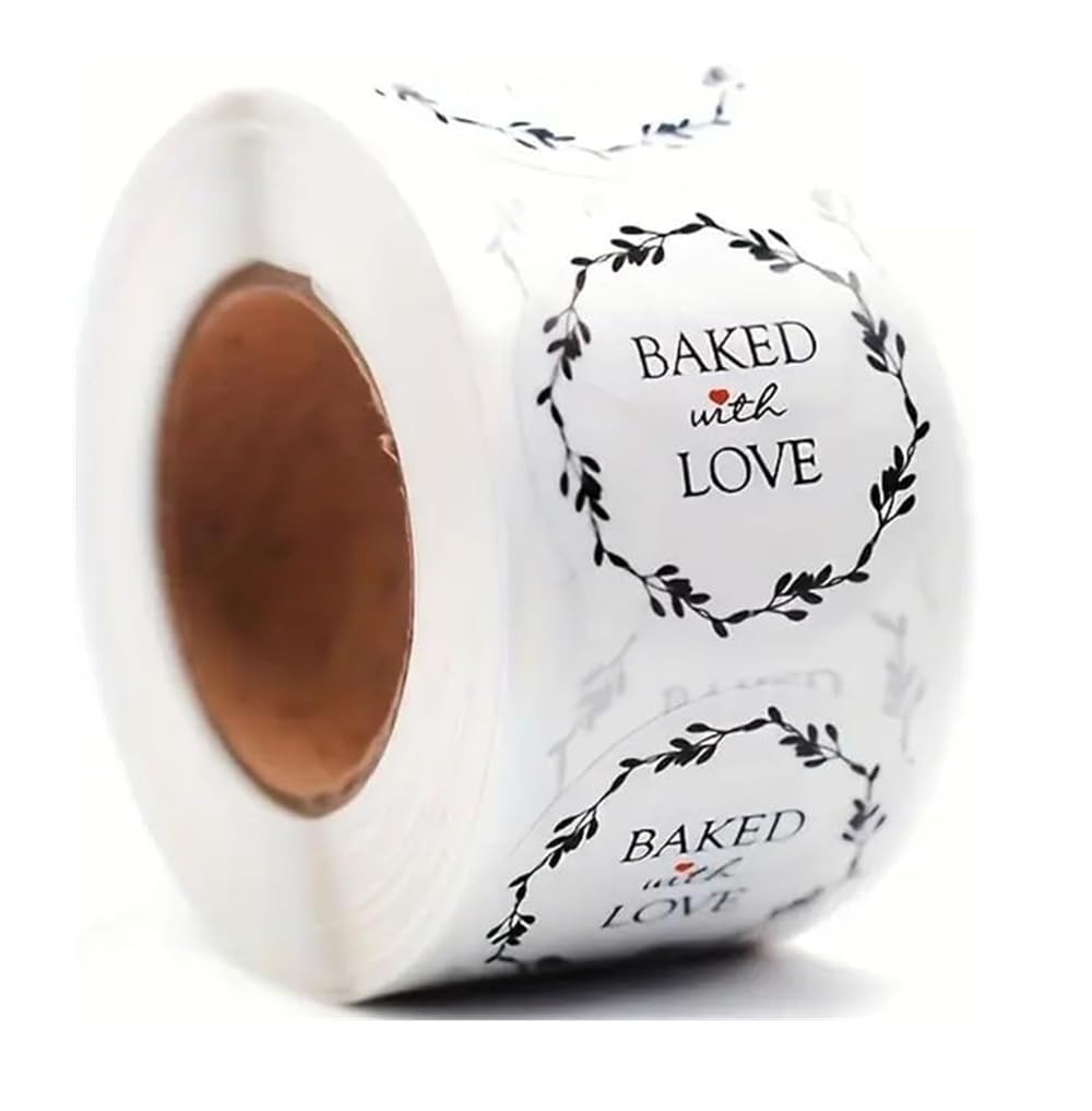 CAA Trading™ 500 x Baked with Love Stickers Baking Cakes Buns Customer Appreciation (500 Stickers)
